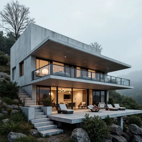 Minimalist villa, brutalist architecture, open floor plan, industrial chic, exposed concrete walls, polished concrete floors, steel beams, floor-to-ceiling windows, sliding glass doors, panoramic view