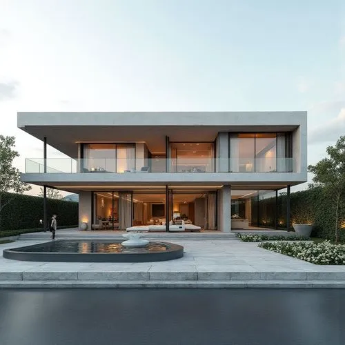 Architecture:
Three-story contemporary modern minimalist luxury villa with three full visible floors, strong horizontal composition, elegant cantilevered volumes, flat roof, clean geometry and timeles