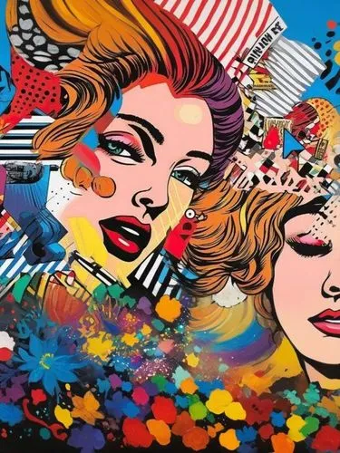three women with colorful makeup look down at the sky,cool pop art,pop art style,pop art effect,effect pop art,pop art people,pop art background