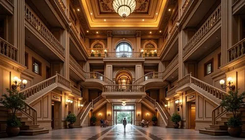Grandiose symmetrical facade, ornate details, lavish decorations, majestic archways, sweeping staircases, elegant balconies, intricate moldings, rusticated stonework, imposing columns, grand entrance 
