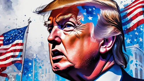 a fantasy of Donalt J. Trump surrealistic dreams, drip, leak, wet, gloss details,USA flag and white house,shouting, patriotic, ink, acrylic, double exposure, electric blue glowing 👁👀, highly detail,
