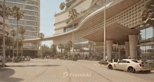 a car is parked in front of an all - glass building,promenade,pedestrianized,render,boulevard,street view,monorail,rendering,penthouses,tram road,property exhibition,condominium,business district,hote