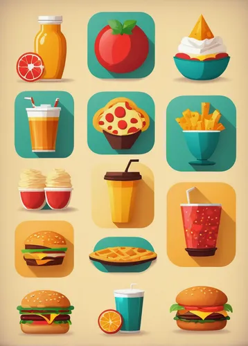 Create a set of flat icons representing different food and beverages.,fruits icons,fruit icons,food icons,apple pie vector,icon set,set of icons,foods,ice cream icons,food collage,grilled food sketche