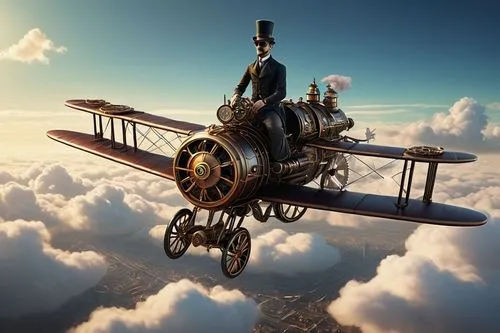 an airplane with a man in the middle is above the clouds,flying machine,biplane,triplane,aviation,airship,air ship,monoplane,skyjacking,biplanes,warplane,airships,bi plane,air transport,glider pilot,f