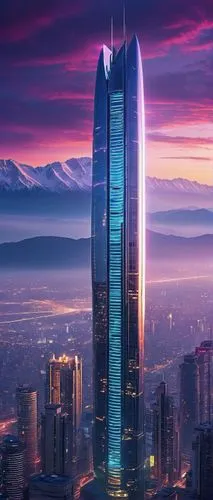 Visionary futuristic skyscraper, sleek metallic exterior, glowing neon lights, curved lines, angular shapes, towering high-rise building, urban cityscape, bustling streets, vibrant nightlife, misty at