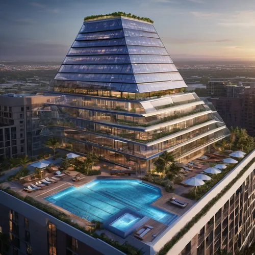Two 14 stories, solor glass, renewable energies,  triangular outer buildings, one separate 14 stories octagonal center building, three pools, one rooftop deck pool, balconies on one building,,largest 
