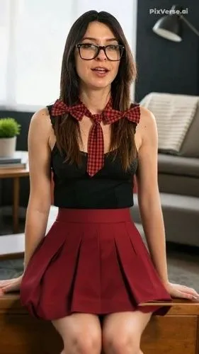 a person in red and black dress sitting on bench,secretarial,secretary,librarian,tartan skirt,cute tie,miniskirt