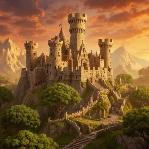 معالج فائق,a painting of a castle on top of a cliff,knight's castle,medieval castle,fairy tale castle,fantasy picture,castle keep,fantasy landscape