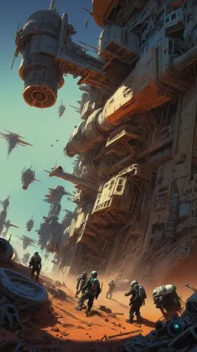 a group of futurepunk scrap scavengers digging through the remains of a decimated starship to find valuable artifacts, far future wreckage,sci fi,sci fiction illustration,scifi,futuristic landscape,sc