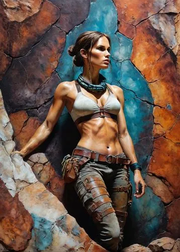 A beautiful, stunning mixed media figure realistic photo using different texture, collage, fabric, powertex, acrylic paint. oil pastels, modeling paste, rust paint, mud, over skin covered. captivating