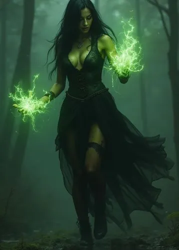 a black haired witch in a skimpy dark dress out of laces is casting green lighting magic with her hands. Her Black lips gloom in agony and her eyes bleeding black oily liquids. 
She Stands in mid of a
