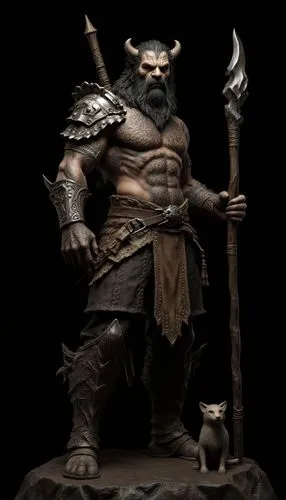 3D action figure, grim dark fantasy, plain black background,the statue depicts a bearded man with a dog,barbarian,minotaur,viking,warlord,minotaurs,forsworn,dwarfish,raider,marauder,northmen,grog,gian