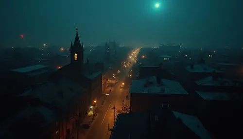 halloween random scene from horror movie,old town,a street with many buildings and trees at night,dense fog,veil fog,high fog,the fog,early fog,fog