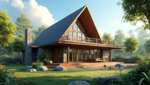 A beautiful one-story modern tropical house with a steep pointed roof, elegant wooden balcony, large glass windows, spacious veranda, natural stone walls, surrounded by lush green garden and colorful 