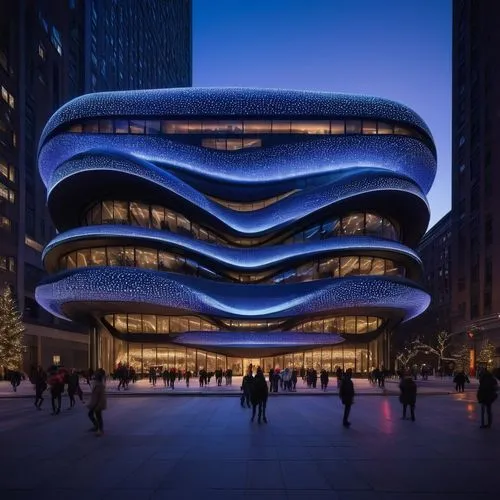 Zaha Hadid design inception architecture with christmas light all over the architecture in New York City experience designed to be entered and explored. Explore how distinct architectural styles can b