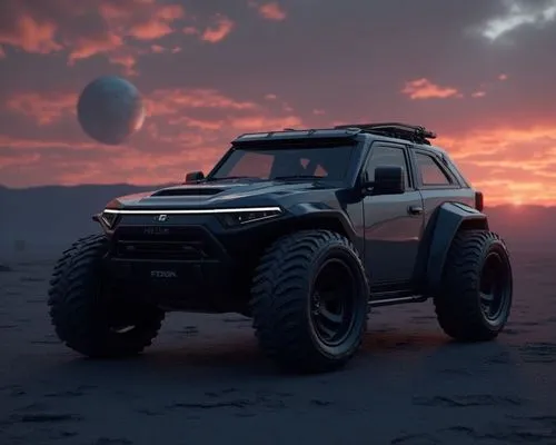 rugged,boxy Futuristicelectric SUV  parked in a dark, moody sunset lit, in the middle of a vast Lunar Landscape, with a blue Earth in the background, close-up on 22-inch matte black alloy wheels, shar