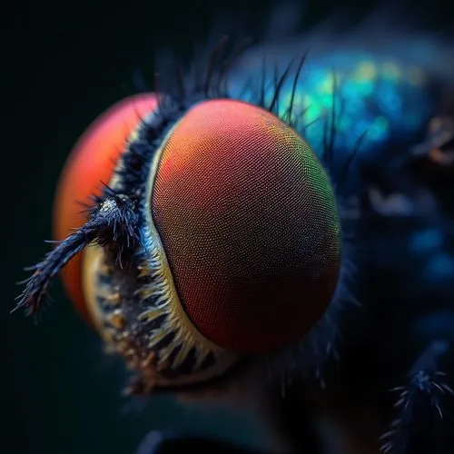 close-up of a beautiful hoverfly eye\( beautiful, cosmic-colored, shining, big eye, delicate compound eyes,glowing, reflection of beautiful colorful lights\). very carefully described. very high resol