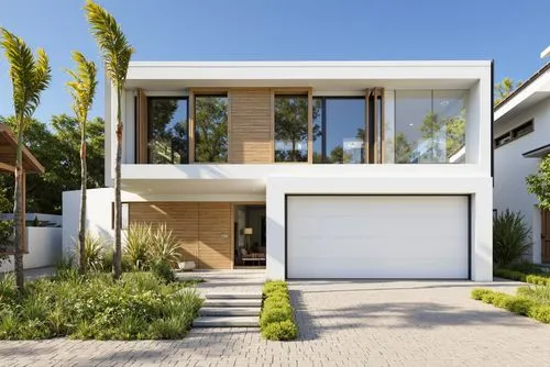 A modern two-story house with a minimalist design, featuring a combination of white and beige colors. the house has a large glass window on the second floor, allowing natural light to filter in, and a