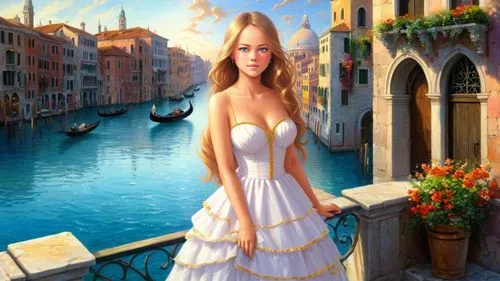 Romantic masterpiece oil painting, cute girl portrait, nostalgic 1950's style kitsch, traditional woman, tradwife, beautiful European cityscape, epic vast kingdom scenery, Venice Italian scenery, by T