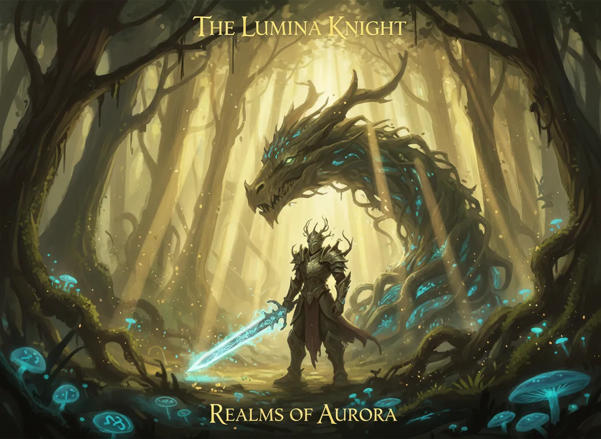 एक जंगल में एक शूरवीर का एक फैंटेसी आर्ट पोस्टर जिसमें AI एयरब्रश टूल का उपयोग करके बनाए गए नाटकीय वॉल्यूमेट्रिक लाइटिंग प्रभाव हैं।