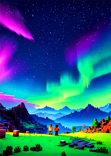 Colorful aurora borealis, starry night sky, gentle moving clouds, soft glowing moon, misty mountains, serene landscape, peaceful atmosphere, vibrant colors, abstract shapes, dreamy quality, 3/4 compos