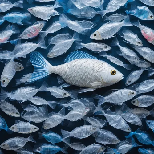 pieces of plastic bags composing together to form a fish,blue fish,school of fish,fish in water,fish collage,ornamental fish,aquaculture,fish supply,blue stripe fish,fish farm,tobaccofish,freshwater f