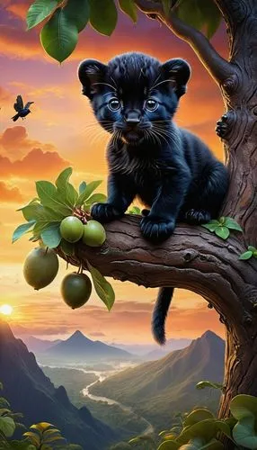 a picture of a kitten sitting on a tree nch at sunset,cats in tree,landscape background,nature background,oak kitten,cute cat,breed cat,fantasy picture,little cat,cartoon cat,cat image,king of the jun