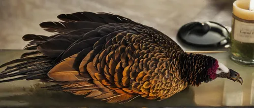 In a crime thriller, a detective unravels a mysterious murder case where the only clue left behind is a single turkey feather from a turkin.,calyptorhynchus banksii,finch in liquid amber,bath duck,bir