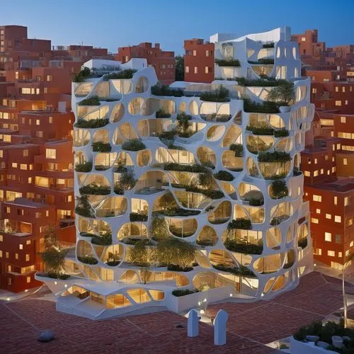 FOTOGRAFIA HIPERREALISTA DE LATA RESOLUCION DE UNA VISTA  PANORAMICA CALLES  DEL PLAN URBANO DE REPLANTEAMIENTO URBANO DE  LA  FRANJA  DE GAZA, CON VISTA AL MAR MEDITERREO, CONFORMADO POR VIVIENDAS CO
