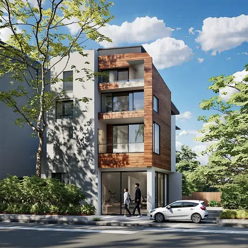 Modern architecture,the front of a two story house has been rendered with modern architecture,appartment building,residencial,inmobiliaria,apartment building,condominia,townhome