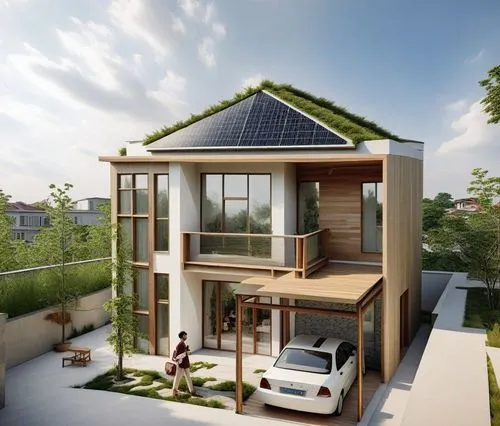 a house that has a green roof on it,folding roof,frame house,cubic house,modern house,smart house,residential house