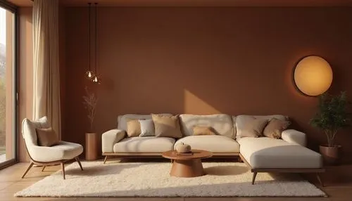  interior design Visualize a cozy space adorned with rich mocha tones, featuring warm textiles that nurture a sense of comfort and relaxation.,the large living room has brown walls and a white sofa,mi