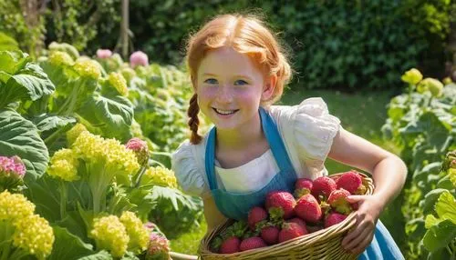 Sally, cute girl, 10yo, freckles, strawberry blonde hair, ponytail, bright blue eyes, gentle smile, dimpled cheeks, yellow sundress, white apron, holding a basket, surrounded by lush green rhubarb pla