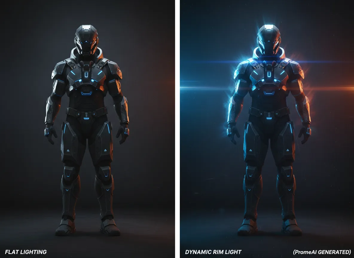 Confronto fianco a fianco che mostra un personaggio con illuminazione piatta e lo stesso personaggio con un dinamico effetto di luce di contorno generato da PromeAI.
