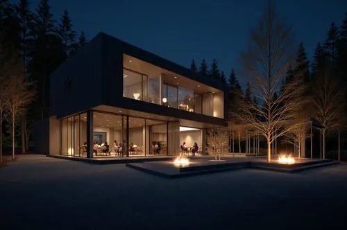 A high resolution rendering by SOM architect  of a housing building with a glass facade at night, focus on the podium,  the building is situated in the middle of forest, with clear interior, . The lad