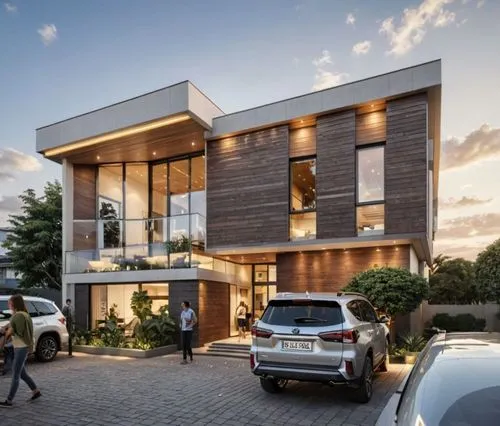 A PHOTOREALISTIC RENDER OF A CONTEMPOARARY SUSTANABLE RESIDENTIAL  DUPLEX, CLEAR GLASS ON THE FACADE, THE BUILDING IS CAST ON A WARM EVENING SUNSET, WARM INTERIOR LIGTHING SHOWS ACTIVITIY INSIDE THE B