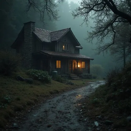 a stone cabin in the forest with bright lights,lonely house,creepy house,house in the forest,witch's house,house in mountains,witch house,the cabin in the mountains,house in the mountains,abandoned ho