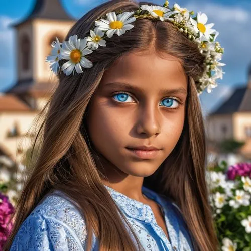 brown girl with blue eyes wearing flowers on her long hair and her designer clothes ,girl in flowers,beautiful girl with flowers,flower girl,girl picking flowers,blue daisies,mystical portrait of a gi