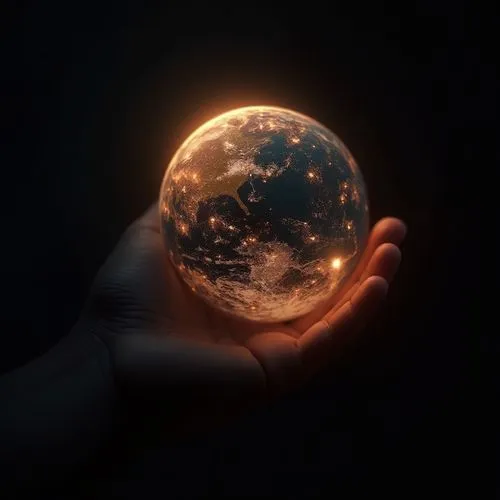 Close shot of a glowing earth holding with one hand, background is full of black color, ultra realistic high quality image, we can only see the arm and the glowing earth,someone holding out a glowing 