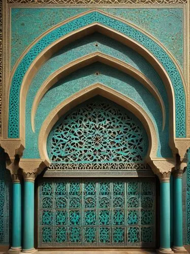 Intricate Islamic architecture, geometric patterns, ornate arches, domed mosque, minarets, Arabic calligraphy, vibrant turquoise tiles, golden accents, intricate mosaics, floral motifs, symmetrical co