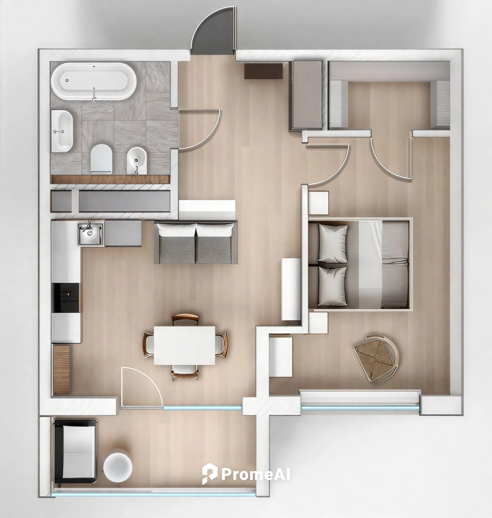 floor plan of a bedroom and bathroom in a one bedroom apartment