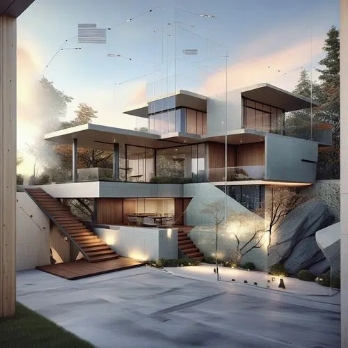 a couple of steps going up to a modern building,prefab,modern house,3d rendering,dreamhouse,prefabricated,frame house