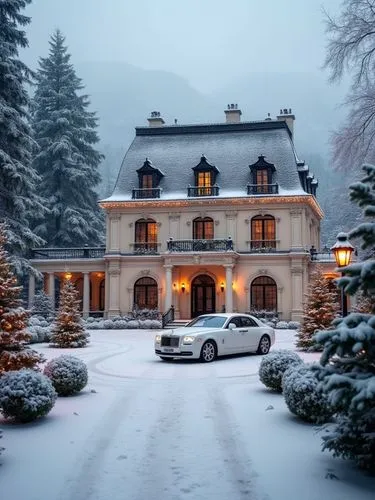 Snow-covered luxury mansion in a French neoclassical style, surrounded by a serene winter landscape. The mansion features a light cream facade with intricate columns, ornate moldings, and tall arched