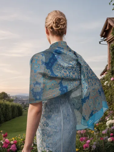 girl in the garden,mazarine blue,girl in a long dress from the back,kimono fabric,blue jasmine,raw silk,overskirt,handkerchief,girl in flowers,floral silhouette border,fabric flowers,sewing silhouette
