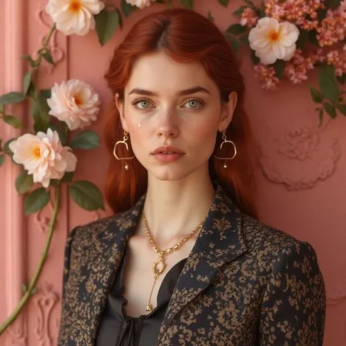 abstract delicate white woman with light skin, 26 years old, red hair, in a pink background, woman in sunglasses, a cardigan and a necklace standing in front of an ornately decorated wall, fashion sho