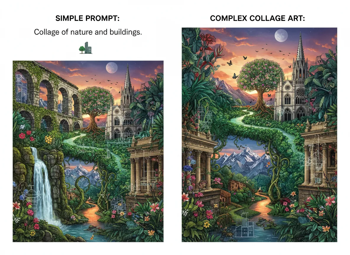 Side-by-side comparison showing a simple prompt and the resulting complex collage art with perfectly layered architectural and natural elements.