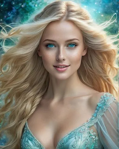 Pencil sketch of an Extremely beautiful Woman, perfect face, freckles, very long blonde  hair, perfect blue-green eyes, glamorous, buxom gorgeous, delicate, romantic, enigmatic smile,a girl in an ange