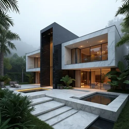 A cutting-edge, ultra-modern luxury residence showcasing bold geometric forms and contrasting materials. The structure centers around a tall, rectangular black-marble archway with subtle white veins, 