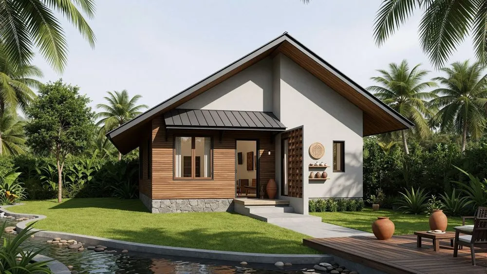 a rendering of a cottage with a small pond in the front yard