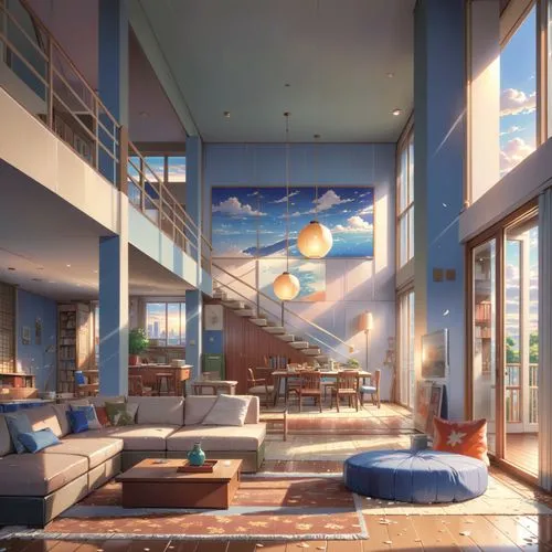 Japanese Anime, Makoto Shinkai Style,sky apartment,lofts,penthouses,loft,an apartment,dorm,sky space concept,dorms,apartment,3d rendering,dreamhouse,apartments,modern room,beautiful home,apartment com